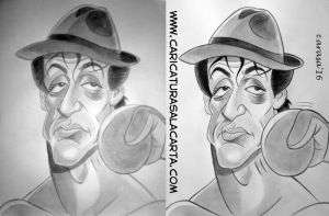 Proceso de creación en 2 fases de la caricatura de Sylvester Stallone como Rocky